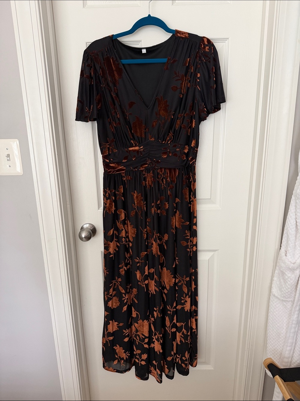 Black Dress with Copper Floral Print - Women's V-Neck Midi Dress
